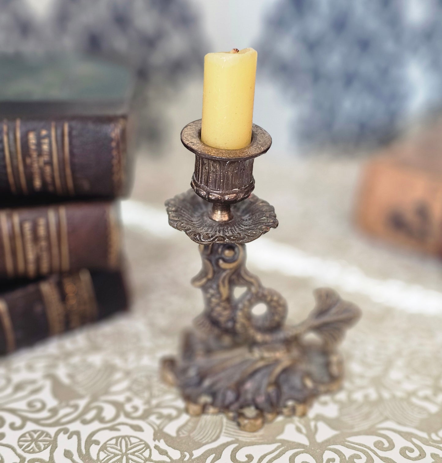 Art Nouveau Antique Brass Fish - Serpent Candlestick / Good Condition / Lovely Aged Patina / Library Nostalgic Era Aesthetic
