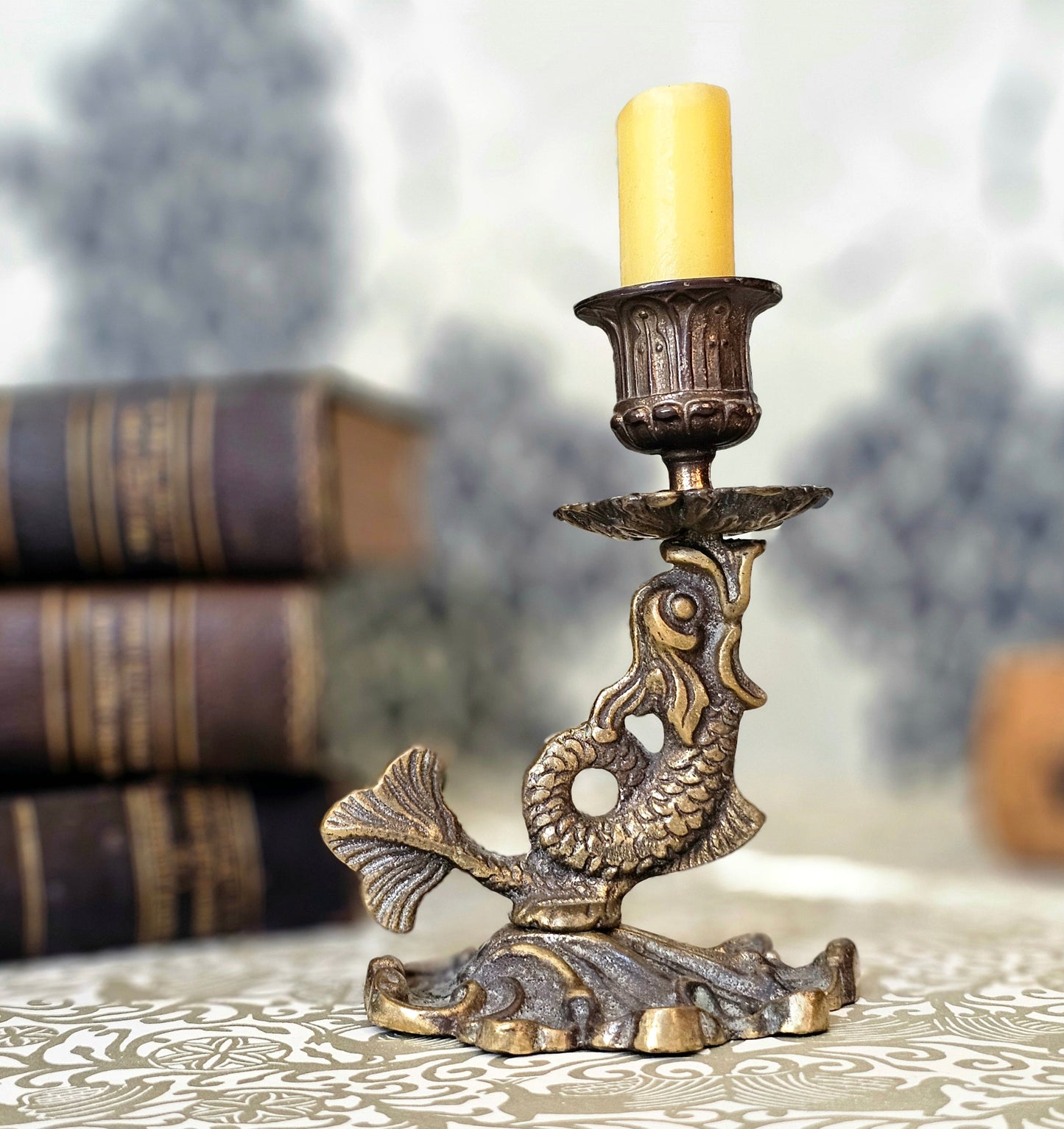 Art Nouveau Antique Brass Fish - Serpent Candlestick / Good Condition / Lovely Aged Patina / Library Nostalgic Era Aesthetic