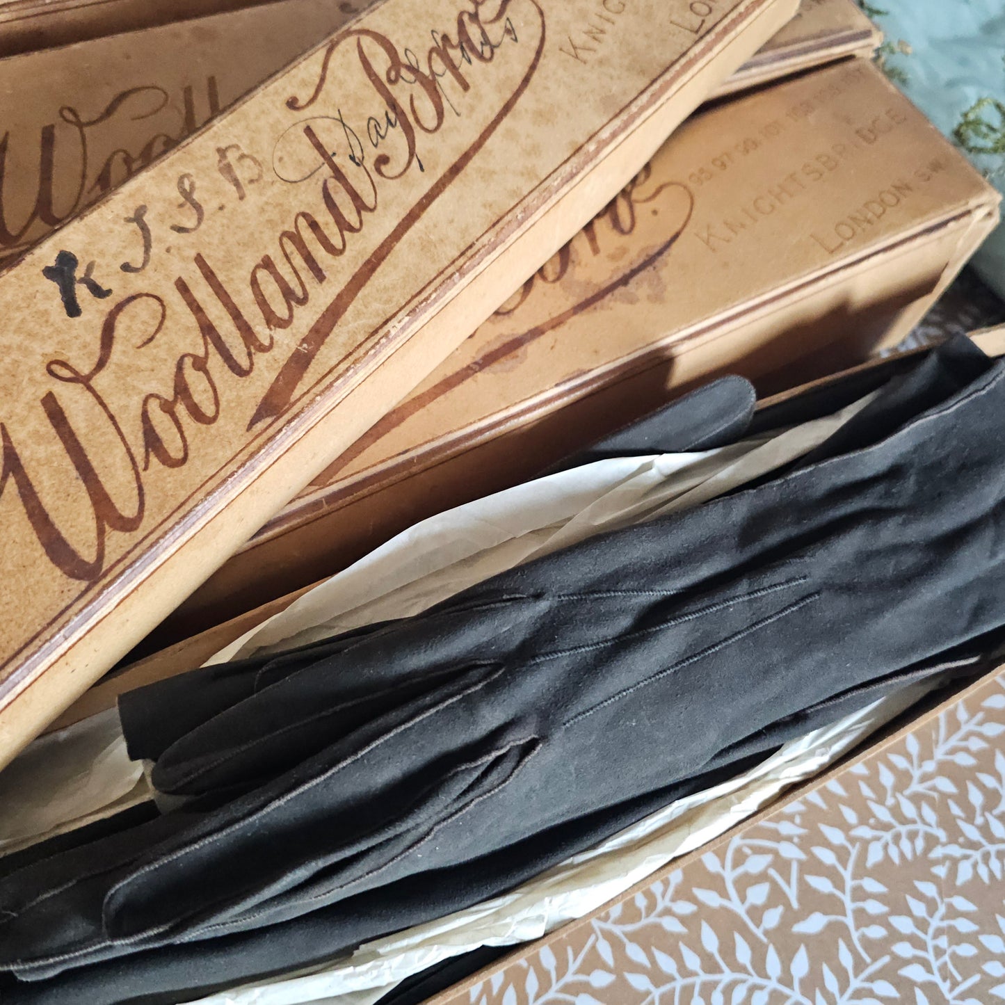 25 Pairs of Antique Kid Leather Gloves / Majority Un-Worn and Still in the Original Department Store Boxes and Tissue / Opera and Day Gloves