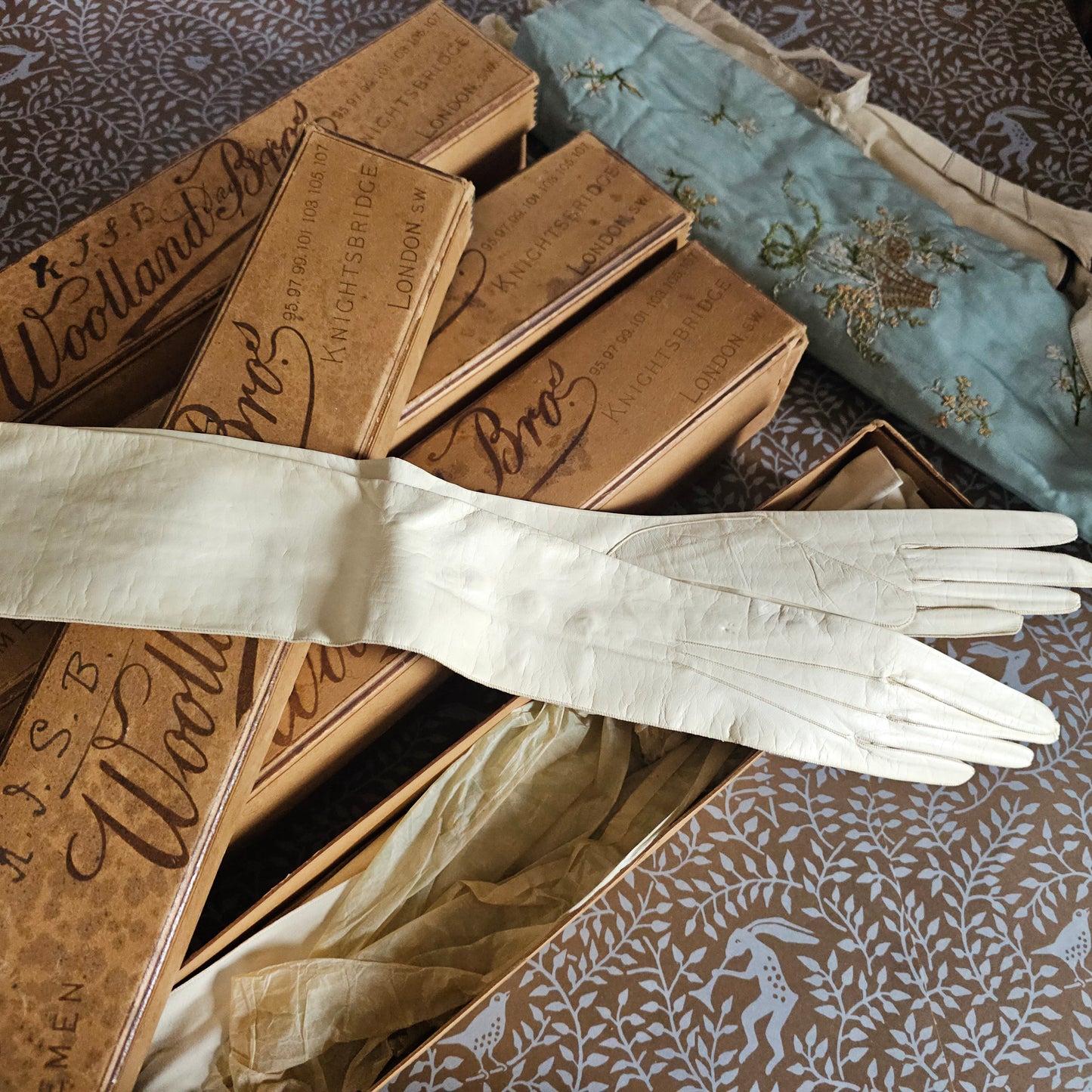 25 Pairs of Antique Kid Leather Gloves / Majority Un-Worn and Still in the Original Department Store Boxes and Tissue / Opera and Day Gloves