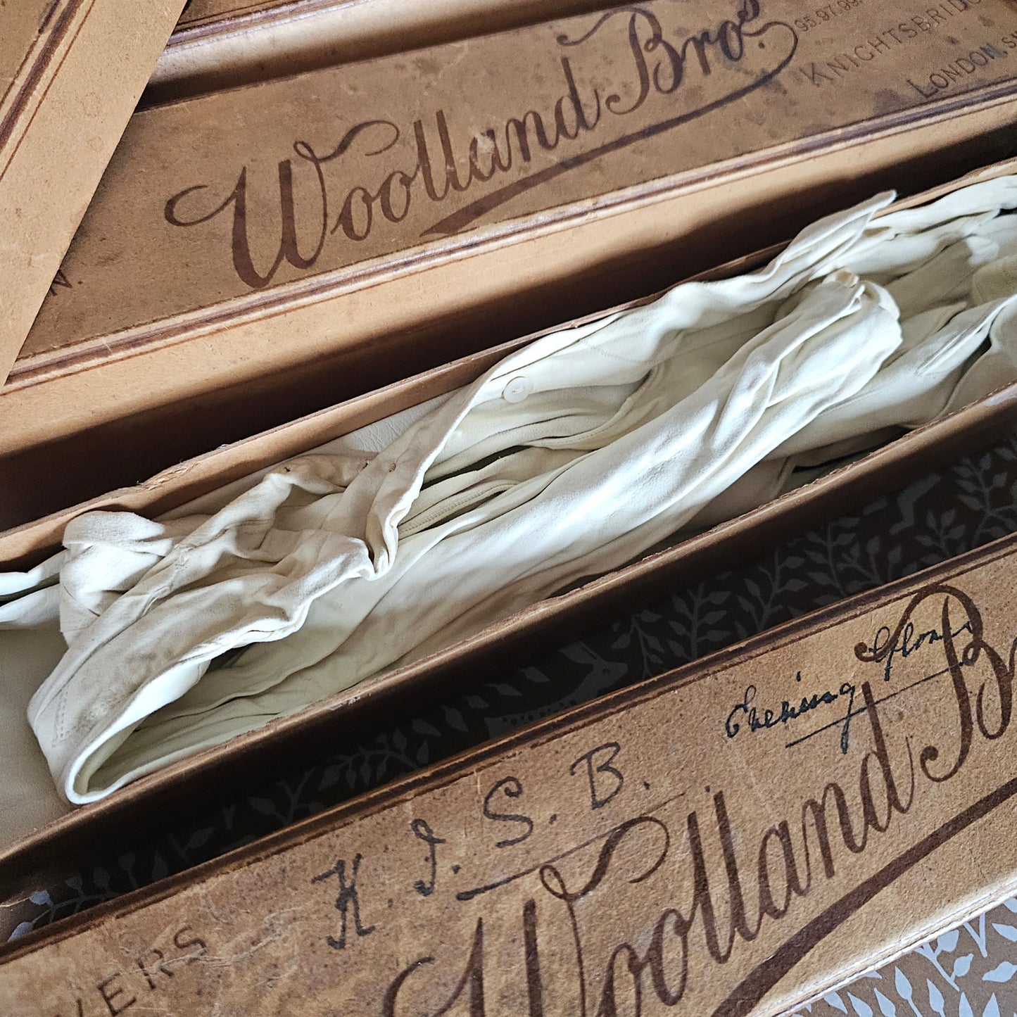 25 Pairs of Antique Kid Leather Gloves / Majority Un-Worn and Still in the Original Department Store Boxes and Tissue / Opera and Day Gloves