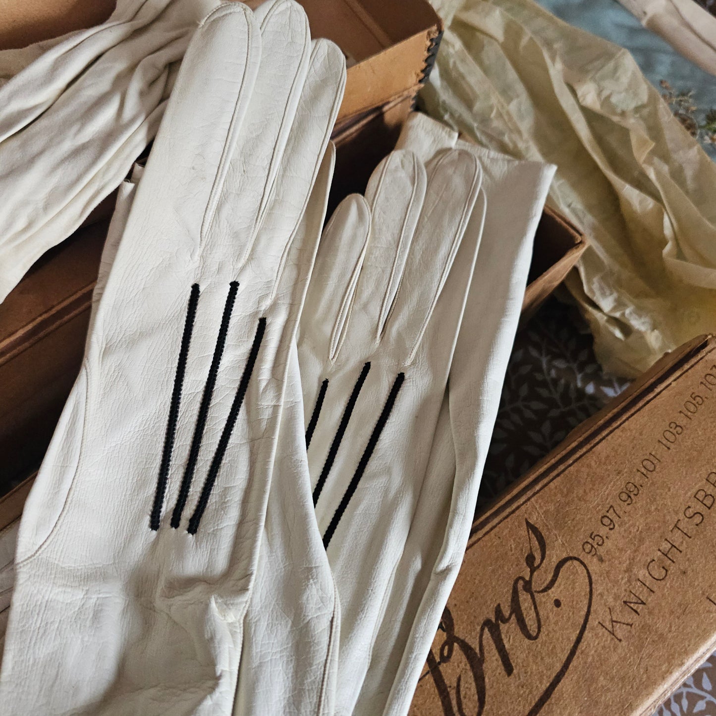 25 Pairs of Antique Kid Leather Gloves / Majority Un-Worn and Still in the Original Department Store Boxes and Tissue / Opera and Day Gloves