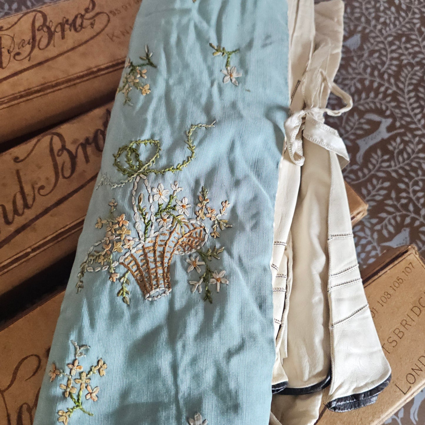 25 Pairs of Antique Kid Leather Gloves / Majority Un-Worn and Still in the Original Department Store Boxes and Tissue / Opera and Day Gloves