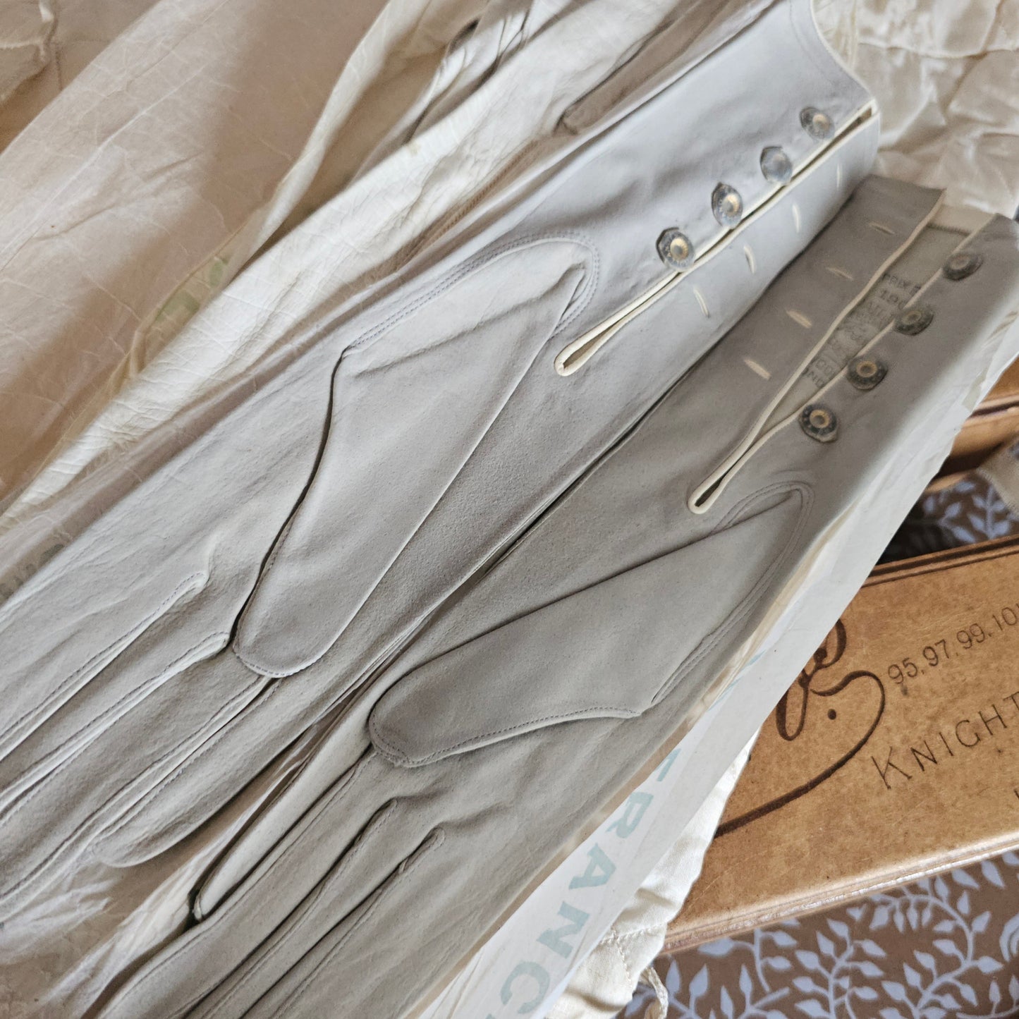 25 Pairs of Antique Kid Leather Gloves / Majority Un-Worn and Still in the Original Department Store Boxes and Tissue / Opera and Day Gloves