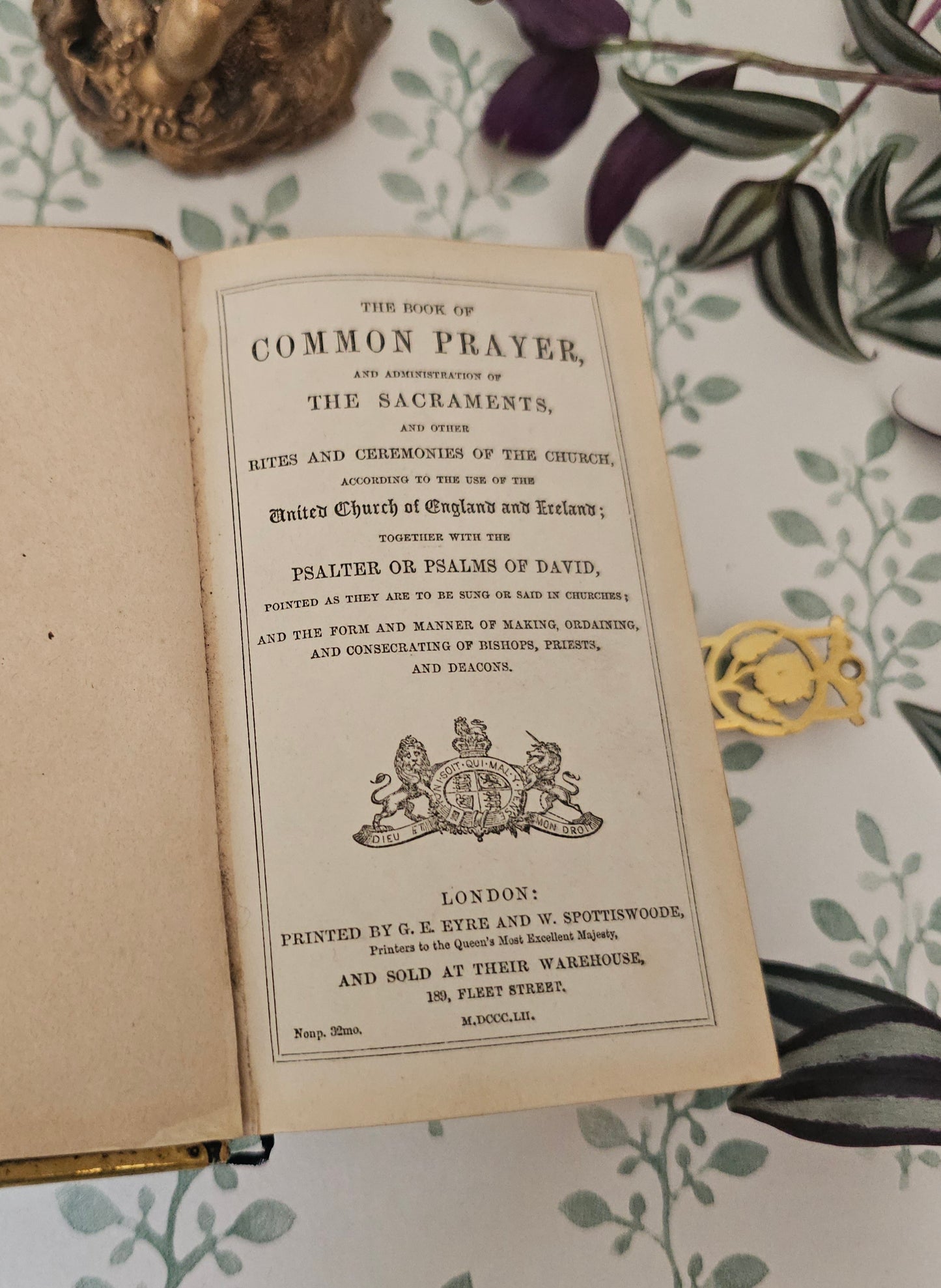 1852 Prayer Book / Beautiful Devotional With Ornate Brass Edgings and Floral Clasp - Gilt Edged Pages