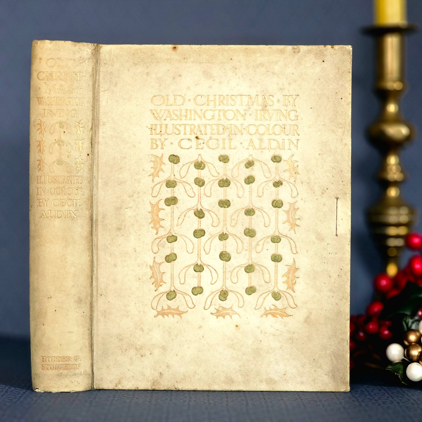 1908 Old Christmas Book by Washington Irving: Illustrated Antique Vellum - WORN