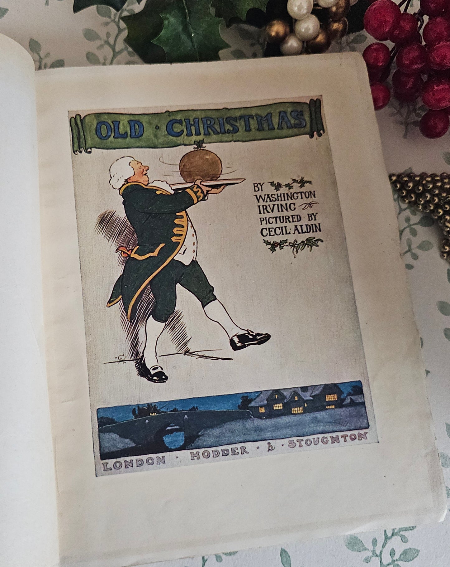 1908 Old Christmas Book by Washington Irving: Illustrated Antique Vellum - WORN