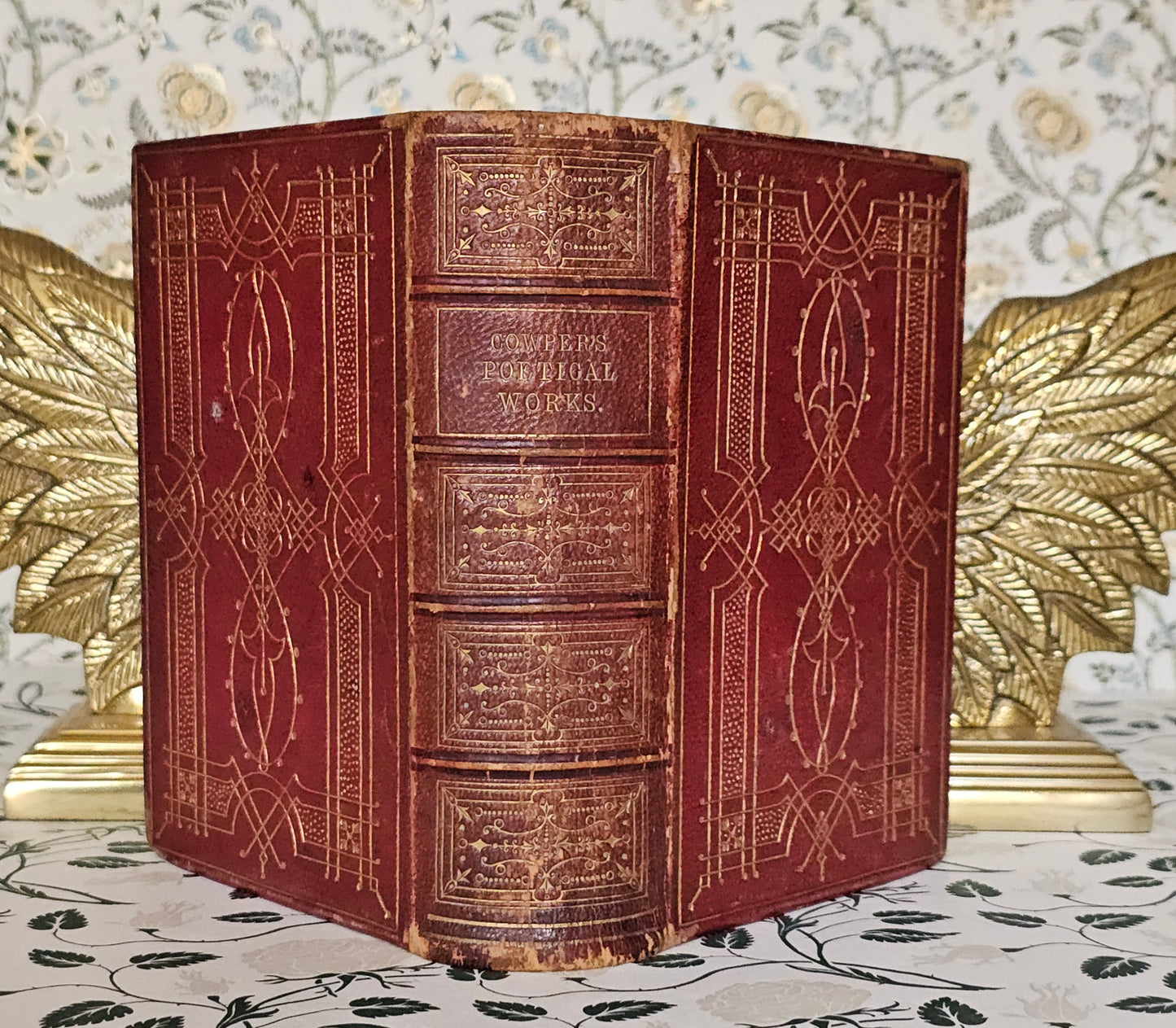 1855 Poetical Works of William Cowper: Illustrated Antique Leather Bound Book