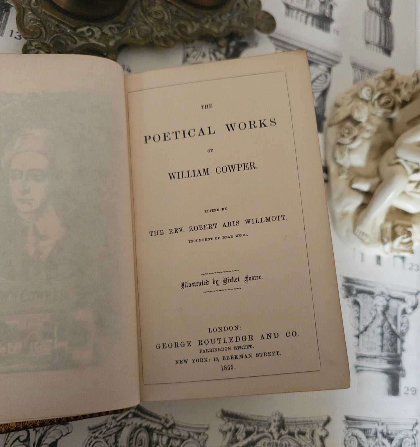 1855 Poetical Works of William Cowper: Illustrated Antique Leather Bound Book