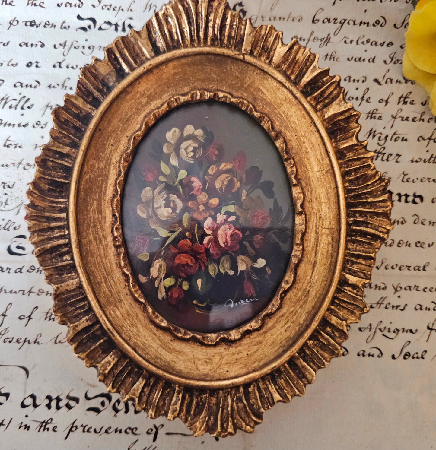 Miniature Oil Painting of Flowers - Ornate Gilt Frame, Vintage