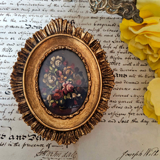 Miniature Oil Painting of Flowers - Ornate Gilt Frame, Vintage