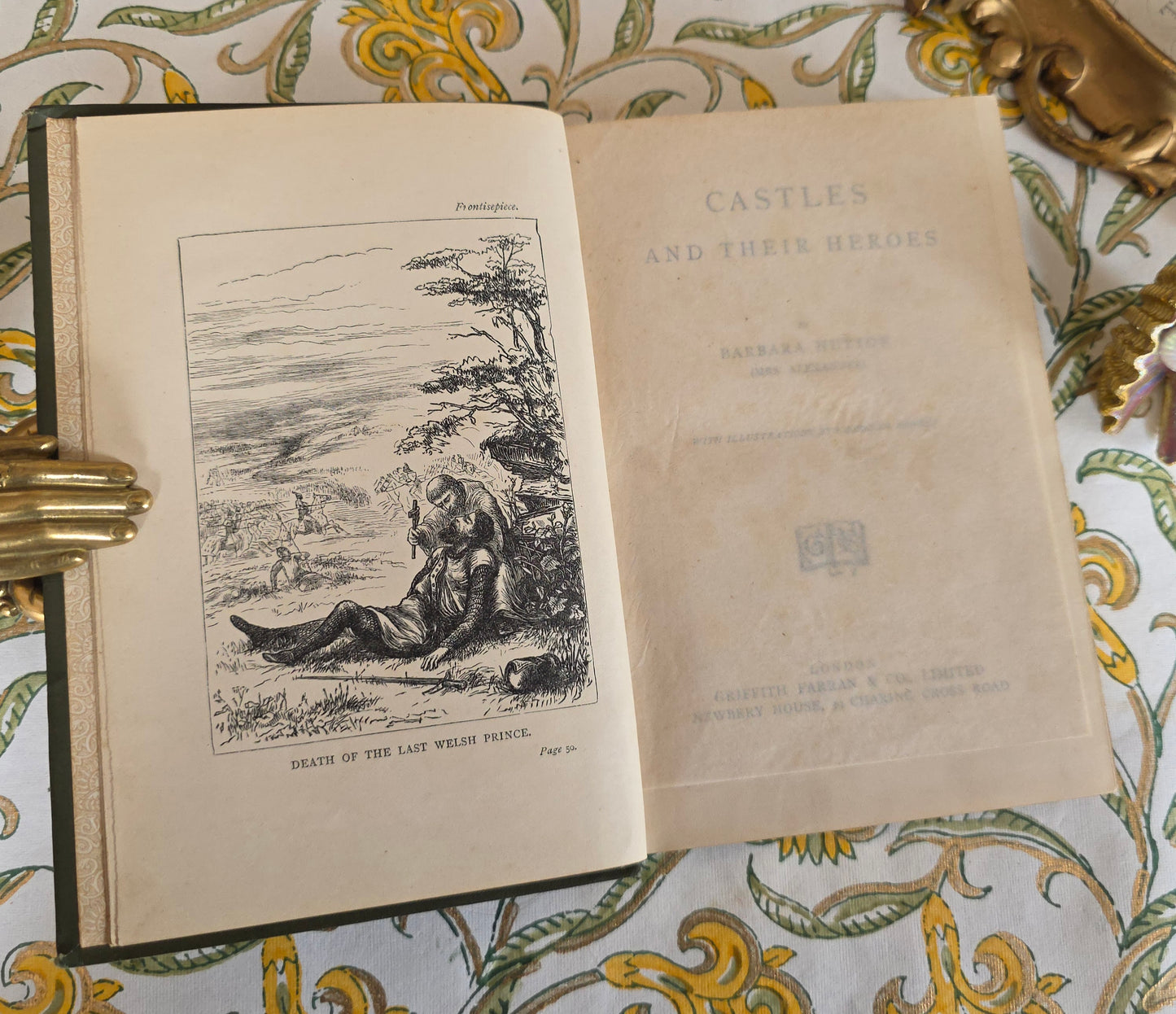 Frontispiece to antique book 'Castles and Their Heroes' illustrated by Georgina Bowers depicting the last Welsh prince