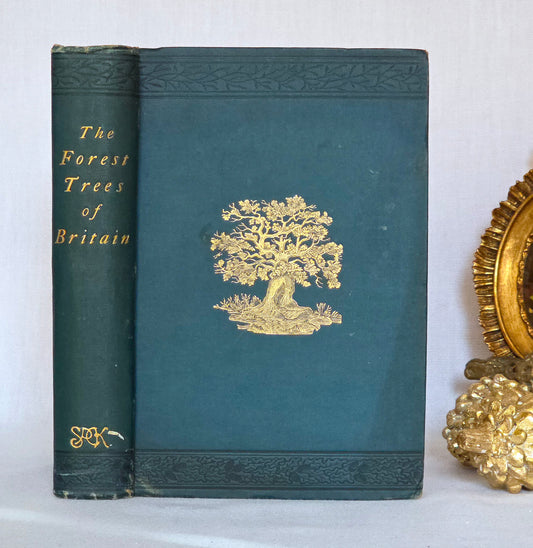 Antique book in blue cloth titled 'The Forest Trees of Britain' with a gold tree illustration.