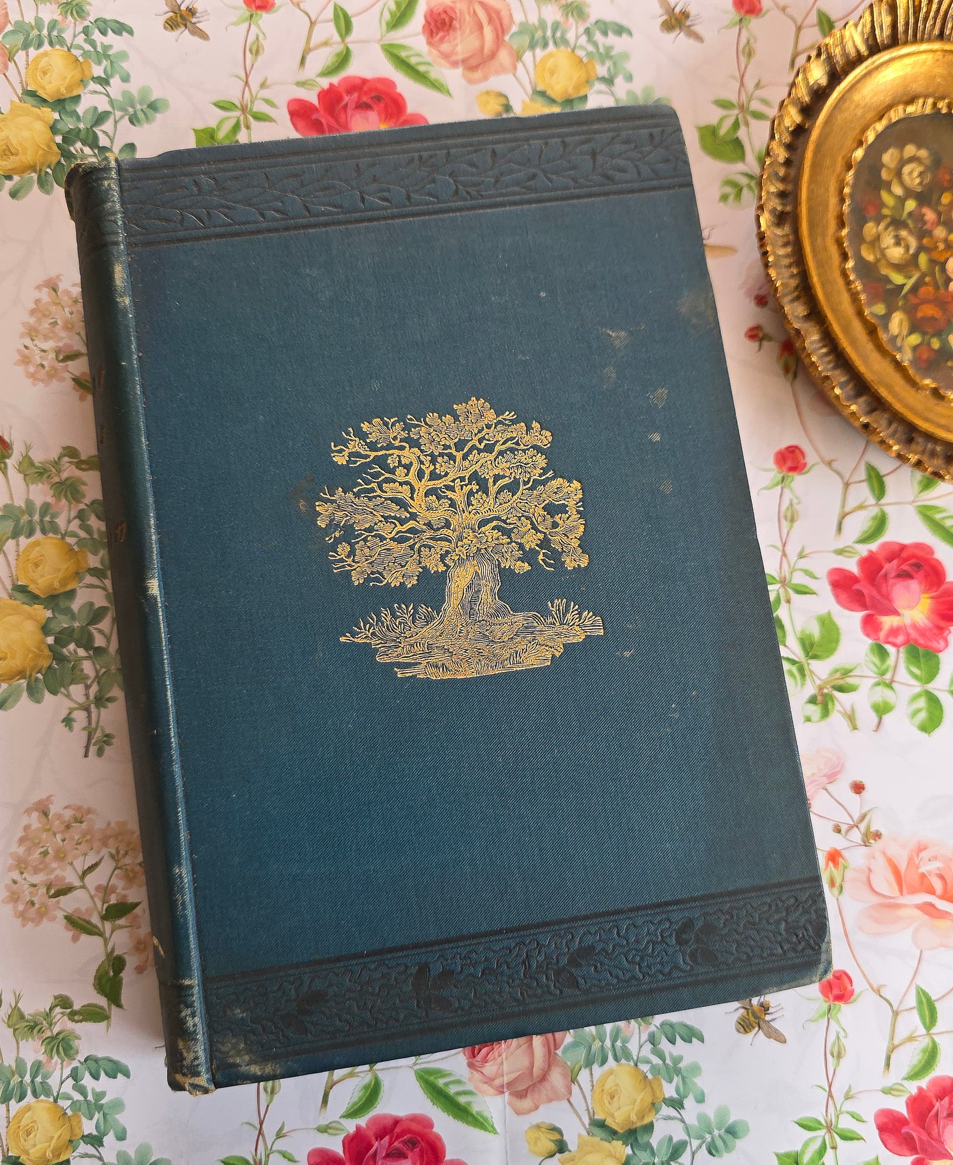 Antique book in blue with gold tree design to the front, being a copy of The Forest Trees of Britain from 1892.