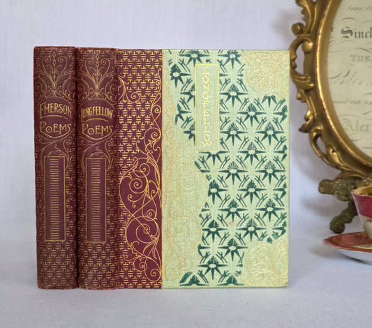 Two antique poetry books with decorative covers in a Chinoiserie and Art Nouveau style, Longfellow and Emerson in the Walter Scott Library 