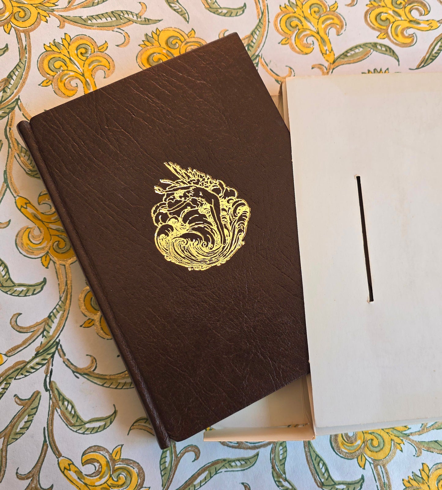 Brown vintage leather copy of Edmund Dulac's Birthday Book in white slipcase