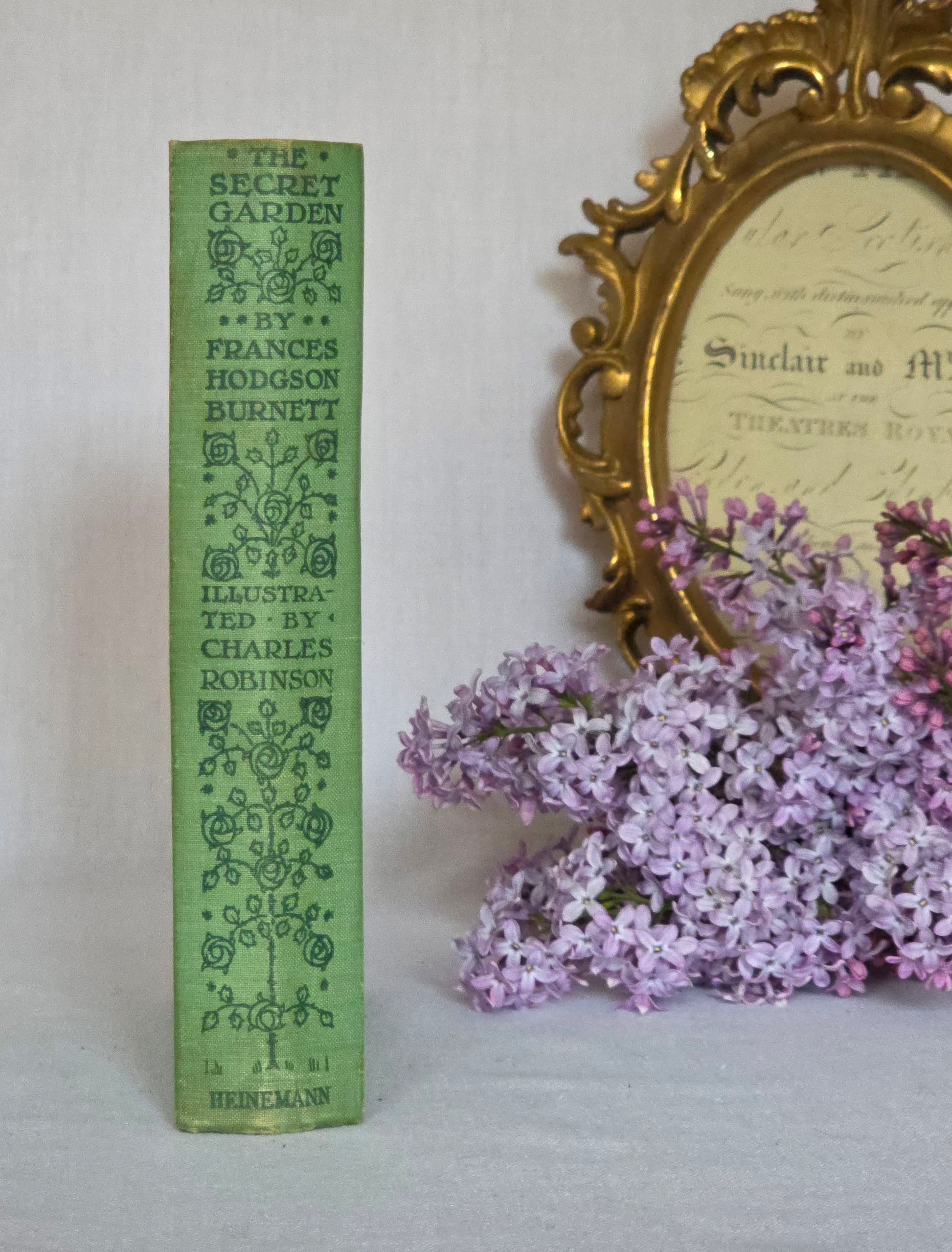 Book spine titled 'The Secret Garden' by Frances Hodgson Burnett with a decorative frame and flowers on a light background