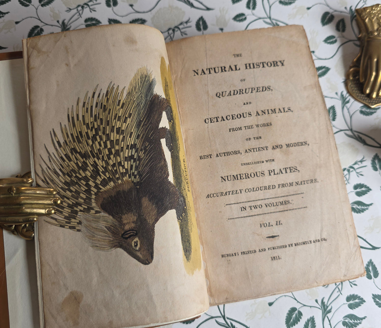 Open antique copy of The Natural History of Quadrupeds and Cetaceous Animals showing title page and illustrated frontispiece