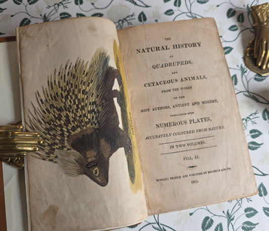 Open antique copy of The Natural History of Quadrupeds and Cetaceous Animals showing title page and illustrated frontispiece