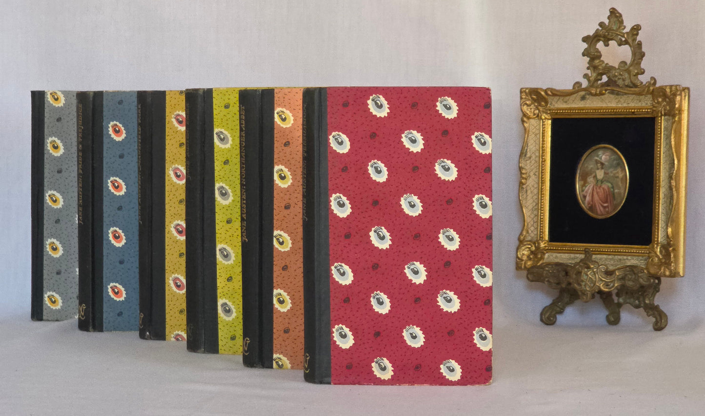 Set of patterned vintage Jane Austen hardback novels by Hamish Hamilton, Novel Library