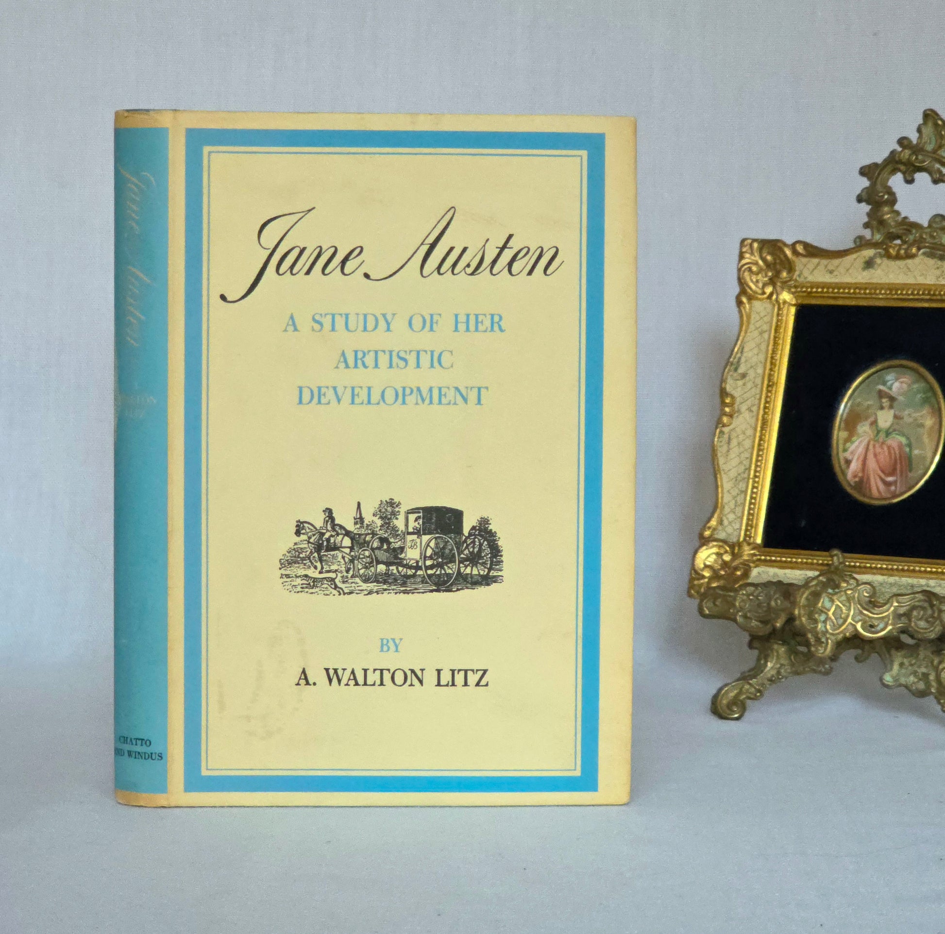 Book titled 'Jane Austen: A Study of Her Artistic Development' by A. Walton Litz on a gray background with an ornate frame.